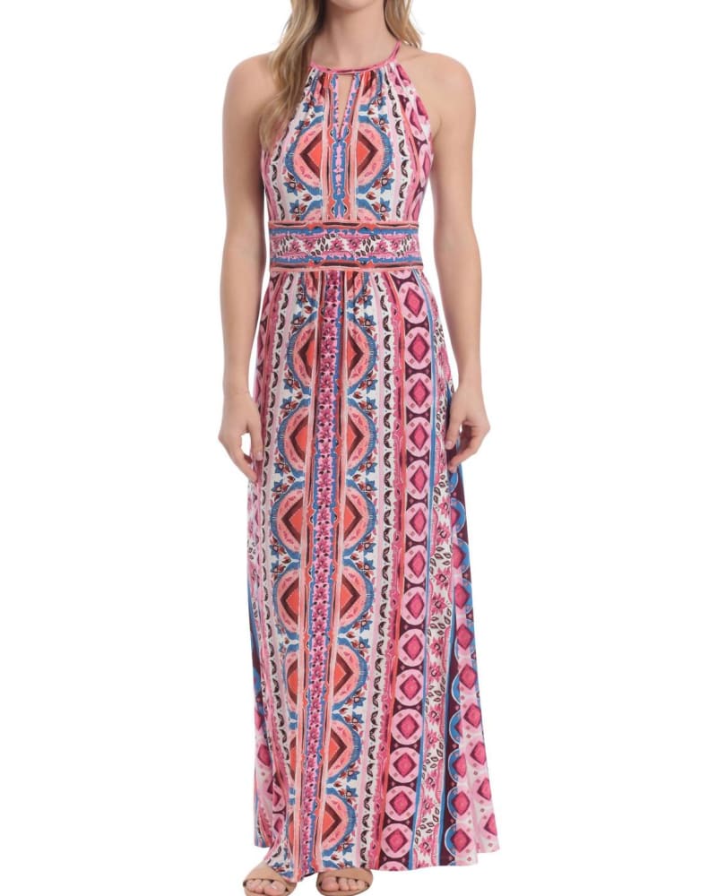 Front of a model wearing a size 10 Morris Geometric Maxi Dress In White/Pink in White/Pink by London Times. | dia_product_style_image_id:346814